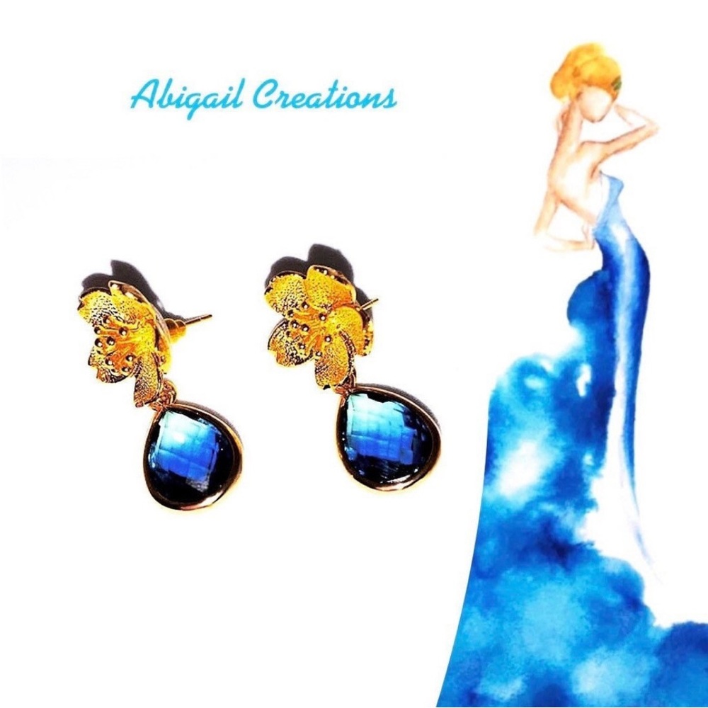 ABIGAIL CREATIONS Gold Plated Teardrop Flower Blue Sapphire Crystal Earrings